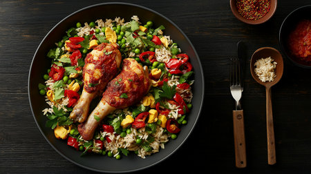 Chicken legs with rice and vegetables on black wooden table, top viewの素材