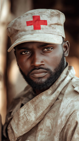 portrait of african american soldier in military uniform looking at cameraの素材