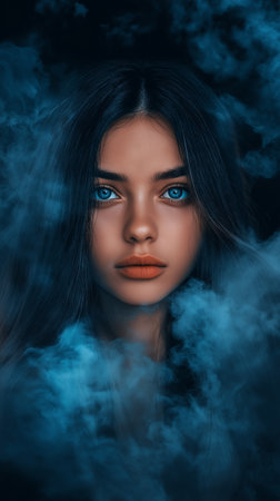 Portrait of beautiful young woman with blue eyes and smoke on dark backgroundの素材