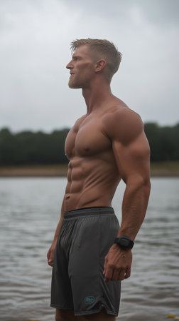 Young Man Standing Strong In The Water And Flexing Muscles - Muscular Athletic Bodybuilder Fitness Model Posing After Exercisesの素材