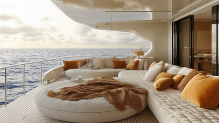 3d rendering of a luxury yacht in the open sea at sunsetの素材