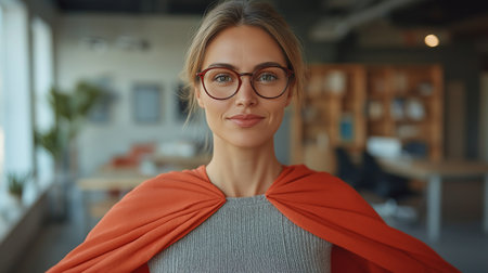 Portrait of young businesswoman wearing eyeglasses and scarf in officeの素材