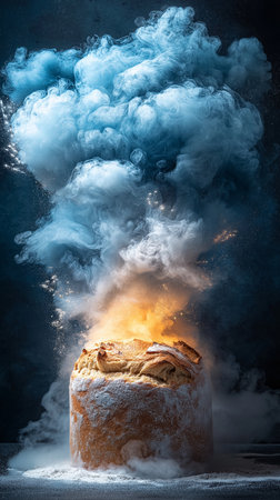 Piece of freshly baked bread with fire and smoke on dark backgroundの素材