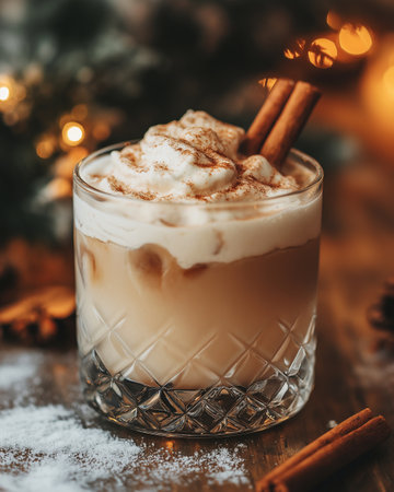 coffee with whipped cream and cinnamon on a wooden table, christmas backgroundの素材