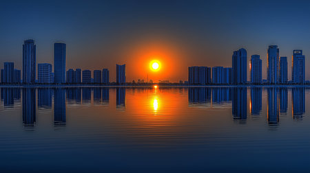 Sunset and skyscrapers with reflection in the lake. 3d renderingの素材