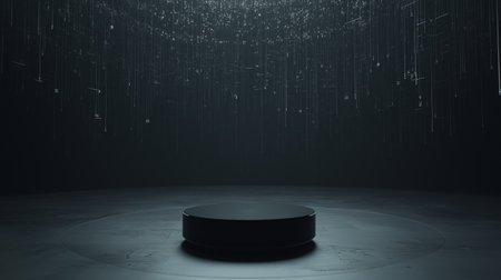 Black round podium on dark background. Mock up, 3D Renderingの素材
