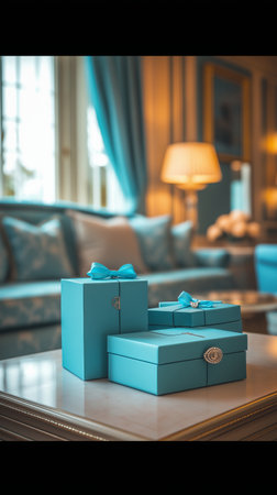 Blue gift boxes on a table in a living room. 3d renderingの素材