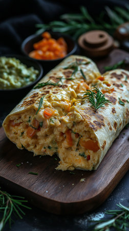 Homemade crepes stuffed with vegetables and cheese on a dark backgroundの素材