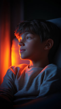 A boy is looking at the camera while sitting in the dark.の素材