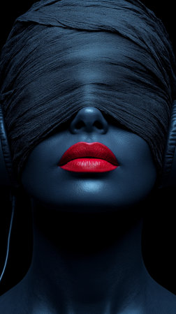 Closeup portrait of beautiful black woman with red lips and turbanの素材