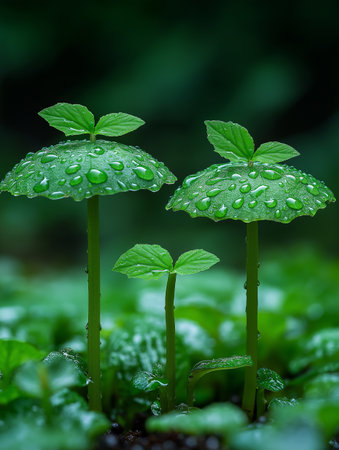 Young green plant with dew drops in the forest. Nature backgroundの素材