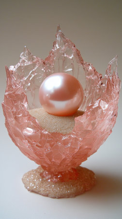 Pink pearl in a broken egg shell on a white background close-upの素材