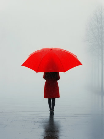 Woman in red raincoat with red umbrella in foggy winter forestの素材