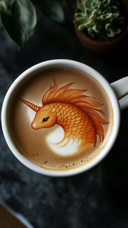 A cup of coffee with a picture of a dragon on milk foamの素材