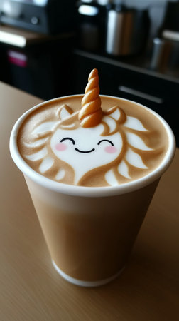 Coffee cup with a cute unicorn drawing on the foam.の素材
