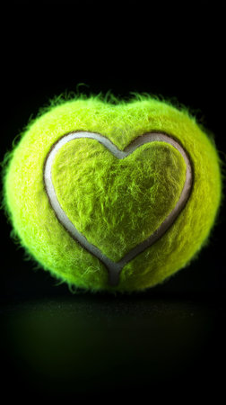 Tennis ball with heart shape on black background, soft focus.の素材