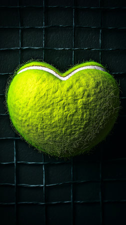 Tennis ball in the shape of a heart on a dark backgroundの素材