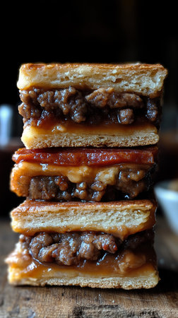 Delicious hamburger with caramelized onions on a wooden table.の素材