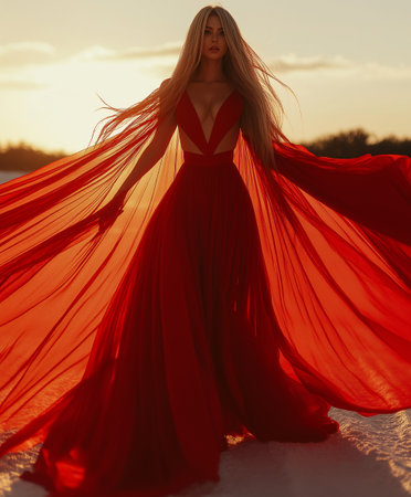 Beautiful girl in a red dress on the background of the setting sunの素材