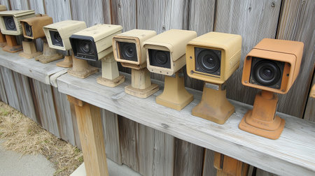 Old movie projector on the wooden wall in the park, stock photoの素材