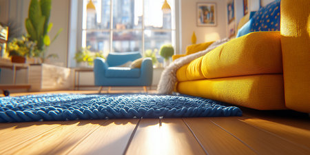 Living room with yellow sofa and blue armchair in sunny day.の素材