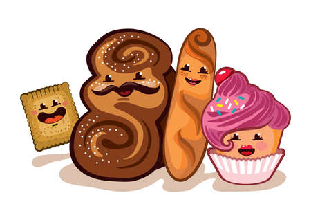 Illustration of a happy pastry family. Each family member is nested in its own group, for easy editing.のイラスト素材