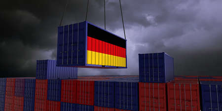 A freight container with the german flag hangs in front of many blue and red stacked freight containers - concept trade - import and export - 3d illustrationの写真素材