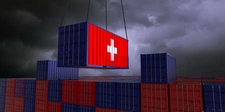 A freight container with the swiss flag hangs in front of many blue and red stacked freight containers - concept trade - import and export - 3d illustrationの写真素材