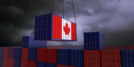 A freight container with the swiss flag hangs in front of many blue and red stacked freight containers - concept trade - import and export - 3d illustrationの写真素材