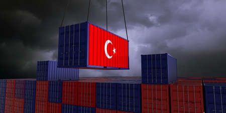 A freight container with the turkish flag hangs in front of many blue and red stacked freight containers - concept trade - import and export - 3d illustrationの写真素材