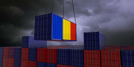 A freight container with the romanian flag hangs in front of many blue and red stacked freight containers - concept trade - import and export - 3d illustrationの写真素材