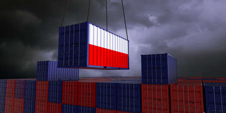 A freight container with the polish flag hangs in front of many blue and red stacked freight containers - concept trade - import and export - 3d illustrationの写真素材