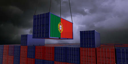 A freight container with the portuguese flag hangs in front of many blue and red stacked freight containers - concept trade - import and export - 3d illustrationの写真素材