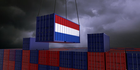 Netherlands export trade concept, container with Netherlands flag. 3D Rendering