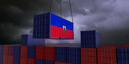 A freight container with the haitian flag hangs in front of many blue and red stacked freight containers - concept trade - import and export - 3d illustrationの写真素材