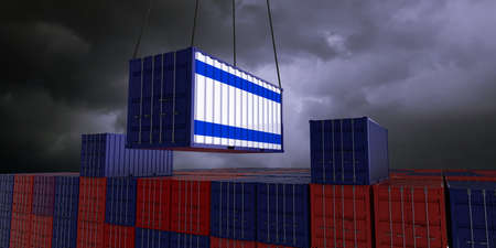 A freight container with the isralic flag hangs in front of many blue and red stacked freight containers - concept trade - import and export - 3d illustrationの写真素材