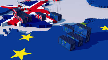 Concept Brexit. Trucks and containers face each other. Trade between UK and EU.の写真素材