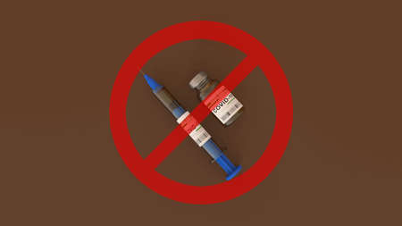 Concept vaccination stop.
A syringe and a bottle  of COVID-19 vaccine with a red prohibition sign. 3d illustrationの写真素材