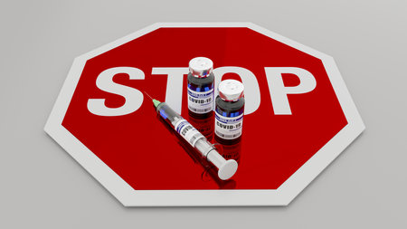 Concept vaccination stop.
A syringe and 2 bottles of COVID-19 vaccine on a red prohibition sign. 3d illustrationの写真素材