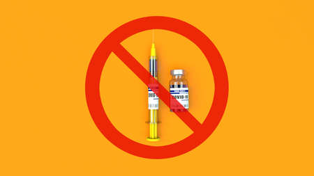 Concept vaccination stop.
A syringe and a bottle  of COVID-19 vaccine with a red prohibition sign. 3d illustrationの写真素材