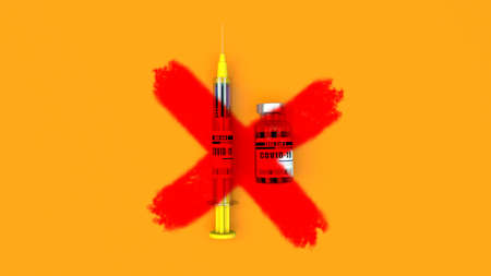 Concept vaccination stop.
A syringe and a bottle  of COVID-19 vaccine with a red prohibition sign. 3d illustrationの写真素材