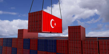 A freight container with the turkish flag hangs in front of many blue and red stacked freight containers - concept trade - import and export - 3d illustrationの写真素材