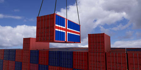 A freight container with the icelandic flag hangs in front of many blue and red stacked freight containers - concept trade - import and export - 3d illustrationの写真素材