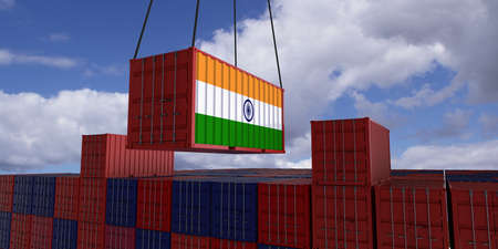 A freight container with the indian flag hangs in front of many blue and red stacked freight containers - concept trade - import and export - 3d illustrationの写真素材