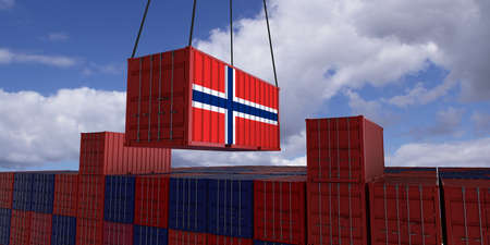 A freight container with the norwegian flag hangs in front of many blue and red stacked freight containers - concept trade - import and export - 3d illustrationの写真素材