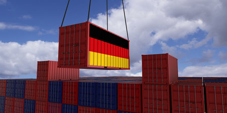 A freight container with the german flag hangs in front of many blue and red stacked freight containers - concept trade - import and export - 3d illustrationの写真素材