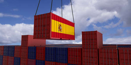 A freight container with the spanish flag hangs in front of many blue and red stacked freight containers - concept trade - import and export - 3d illustrationの写真素材