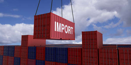 A freight container with the inscription import hangs in front of many blue and red stacked freight containers - concept trade - import and export - 3d illustrationの写真素材