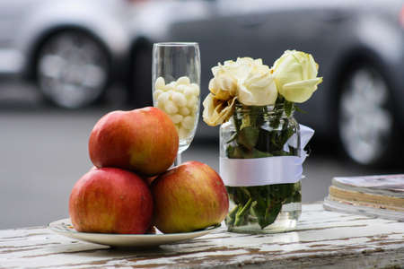 Decoration city cafe table with fruitの写真素材