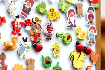 Colorful travel related magnets shot on a marketの写真素材